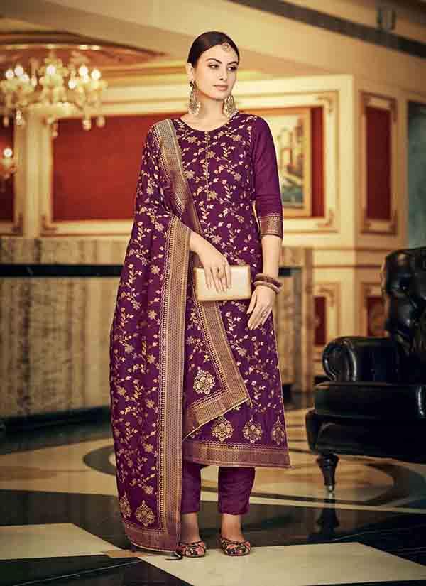 Jaal Floral Wine Purple Banarasi Dola Silk S