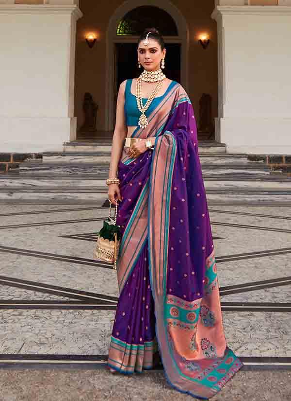 Purple Paithani Silk Saree WIth Teal Blue Blouse