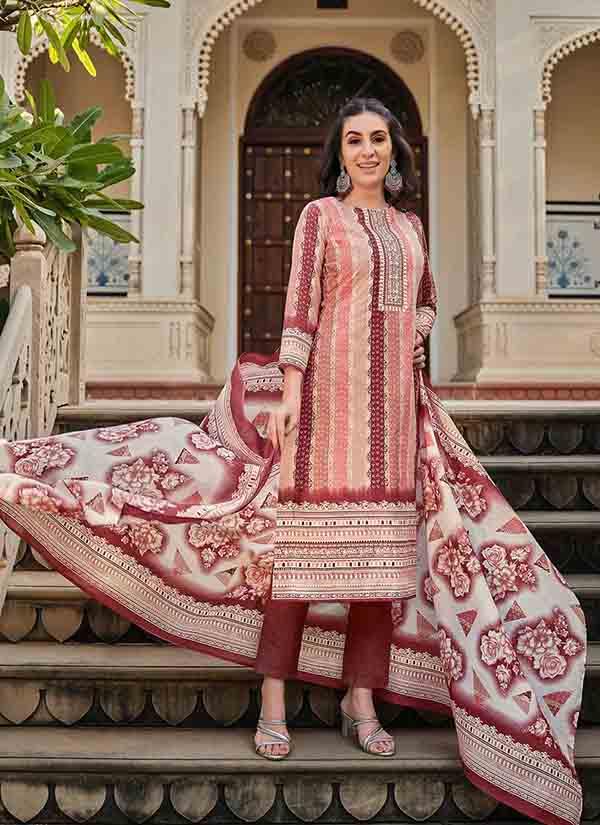 Peach and Maroon Striped Pure Cotton Suit With Mulmul Dupatta