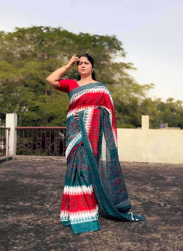 Block Printed Green Pure Mulmul Saree