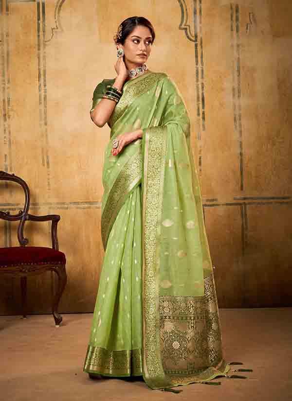 Parrot Green Tissue Banarasi Silk Saree