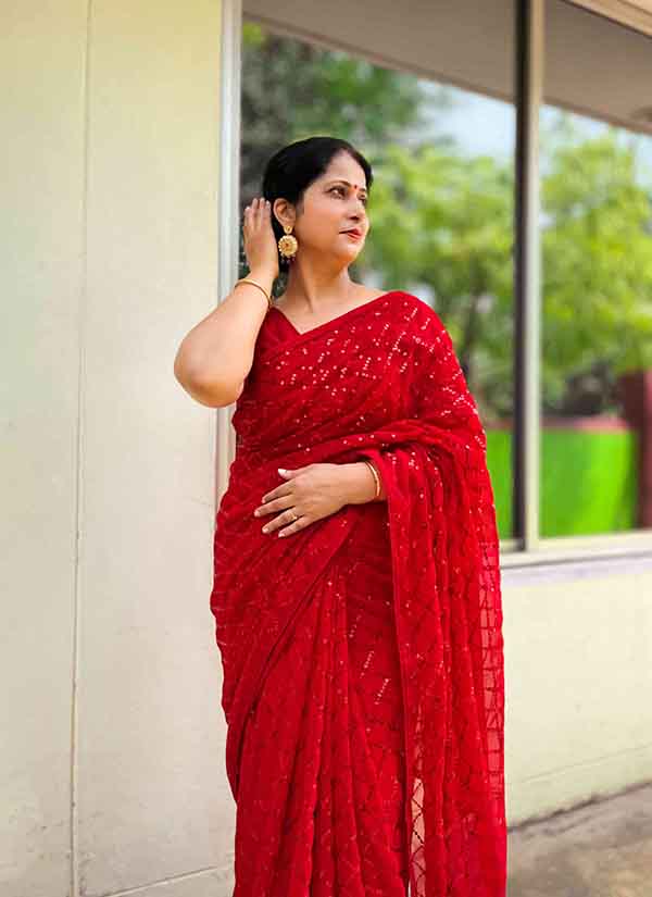 Pure Georgette Red Sequin Saree