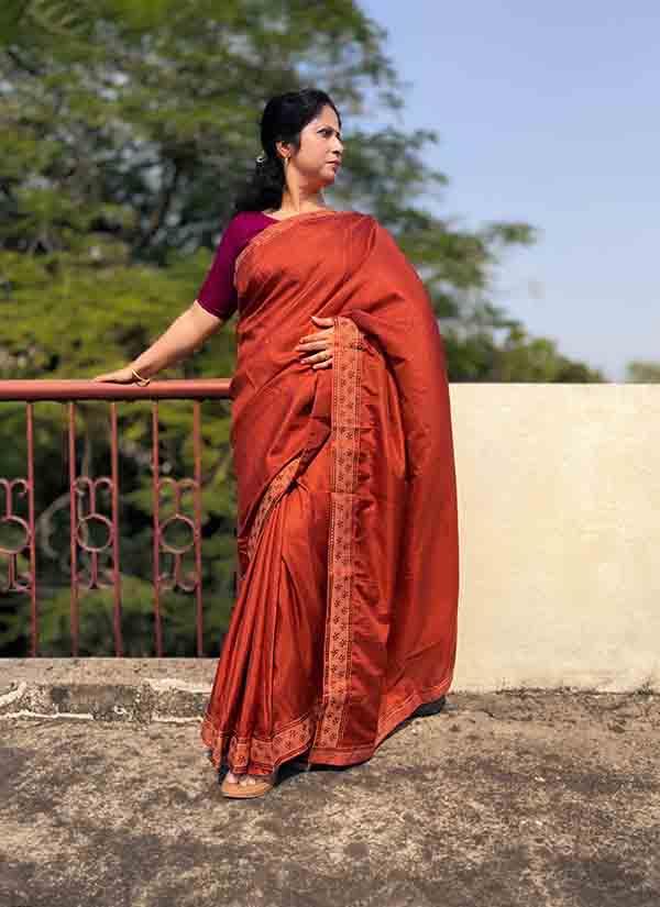 Rust Orange Plain Dola Silk Saree