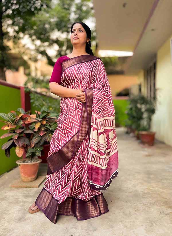 Chevron Print Purple Soft Jute Silk Saree