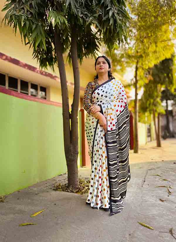 Polka Dot Print White Modal Satin Silk Saree