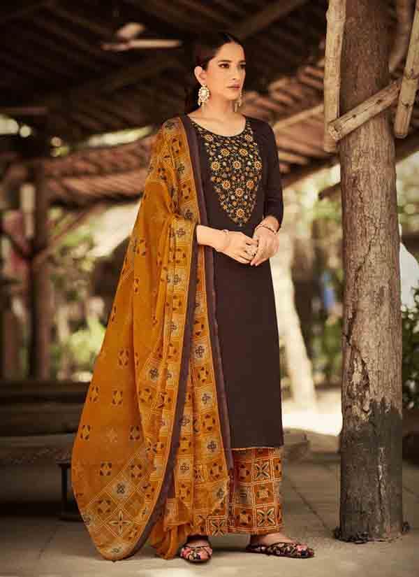 Embroidered Coffee Brown Jam Cotton Suit Piece