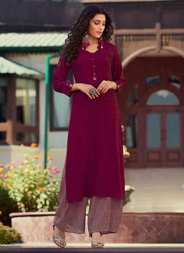 Wine Sequenced Sleeves Velvet Kurti with Salwar and Blush Pink Dupatta |  Stylish dress designs, Velvet kurti, Casual college outfits